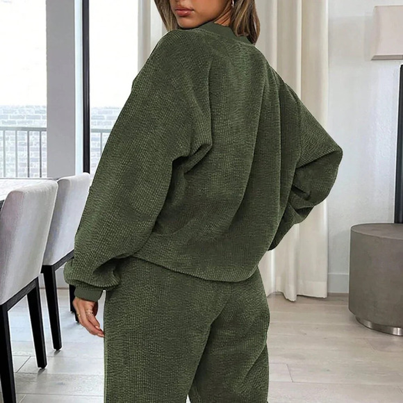 Dark Green Casual Women's Crew Neck Long Sleeve Top And Drawstring Pants Set - Picture 3 of 3